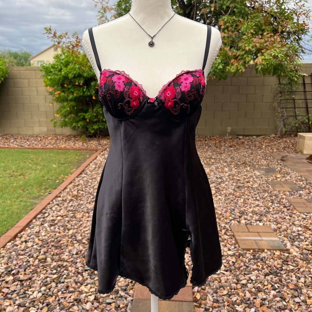 y2k babydoll slip dress with floral embroidery